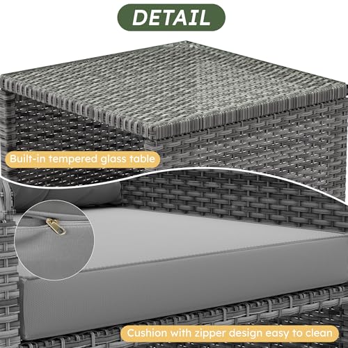 LHBcraft Outdoor Furniture 5 Piece Patio Conversation Set, PE Rattan Patio Set with Soft Cushions & Coffee Table, Outside Furniture with Hidden Ottoman for Porch, Lawn, Garden, Balcony, Grey
