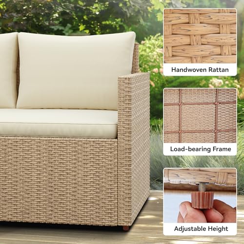 YITAHOME Outdoor Sectional Sofa Set, 6-Piece Patio Furniture with Lift-Top Table & Ottoman, All-Weather Wicker Conversation Set for Porch, Deck, Backyard (Light Brown and Beige)