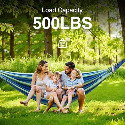ANAGOO Double Hammock with Stand, 2 Person Hammock with Anti-Rollover Spreader Bar, Adjustable Height Heavy Duty Steel Stand, 500LB Capacity Portable Hammock for Patio Backyard Camping, Wide Blue