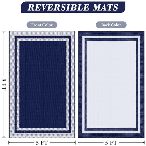 KMAT Outdoor Rug, Waterproof Reversible Patio Rugs, 5x8ft Large Outdoor Area Rug Foldable Plastic Camping Rugs for Outside RV, Patio,Picnic,Camper,Balcony,Porch (Blue &White)
