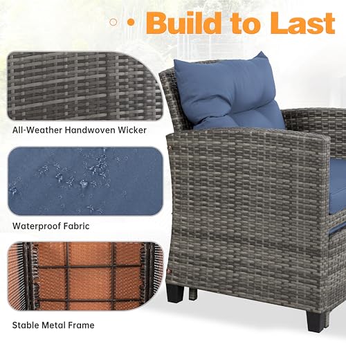 Shintenchi 5 Pieces Patio Furniture Set, Outdoor Wicker Patio Conversation Set with Ottoman, All Weather Rattan Outside Chairs with Coffee Table & Cushion for Porch, Garden, Backyard, Navy