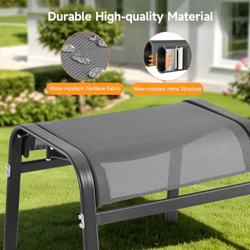 ONBRILL Outdoor Ottoman Set of 2, All Weather Outdoor Foot Stool with Supportive Textliene and Metal Frame, Stackable Oversized Outdoor Foot Rest for Furniture Patio Garden Pool, Grey