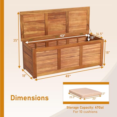 DREAMADE 47 Gallon Acacia Wood Deck Box, Patio Storage Bench with Large Capacity, Supports 355 lbs, Outdoor Storage Box for Garden Backyard Patio Porch Seating, Natural