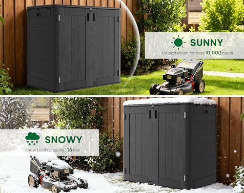 IWDOO Outdoor Storage Shed, 30 Cu Ft Waterproof Horizontal Resin Storage Cabinet, Weather-Resistant Garden Shed Trash Can Storage with Pad-Lockable Doors for Backyards (Black)