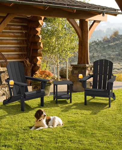 SERWALL Folding Adirondack Chair Set of 6, Adjustable Adirondack Chair with 3 Recline Positions, All Weather HDPE Outdoor Adirondack with Cup Holders, Black