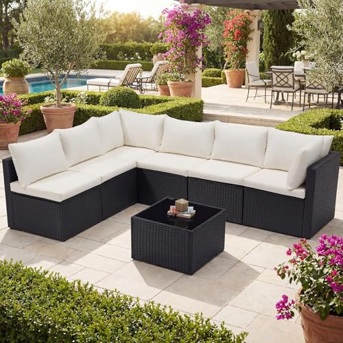 DUMOS 7 Piece Outdoor Patio Sectional Sofa, Modular Wicker Furniture Set with 2.8" Thick Cushions, Adjustable Feet, Weather-Resistant Rattan Outdoor Couch for Backyard, Deck, Garden, Poolside, Black