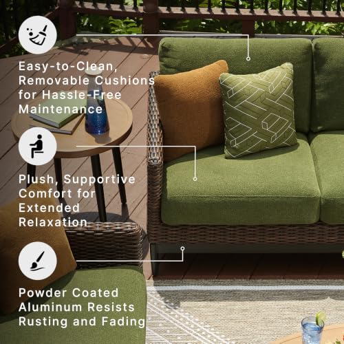 Signature Design by Ashley Horizon Hall Outdoor Sofa with Cushions, Rust-Resistant Aluminum Frame, Handwoven Resin Wicker 3-Seat Patio Couch for Deck or Sunroom, Green/Brown, 88" W