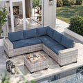 Muphyers 6-Piece Outdoor Patio Furniture Set Wicker Rattan Sectional Sofa Set, Patio Conversation Set with Thickened Cushions & Coffee Table for Garden, Backyard, Navy Blue