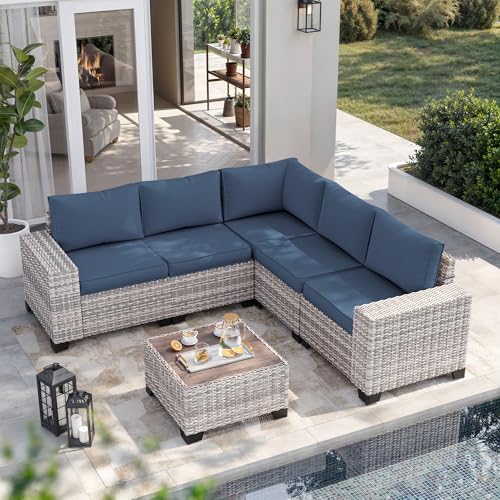 Muphyers 6-Piece Outdoor Patio Furniture Set Wicker Rattan Sectional Sofa Set, Patio Conversation Set with Thickened Cushions & Coffee Table for Garden, Backyard, Navy Blue