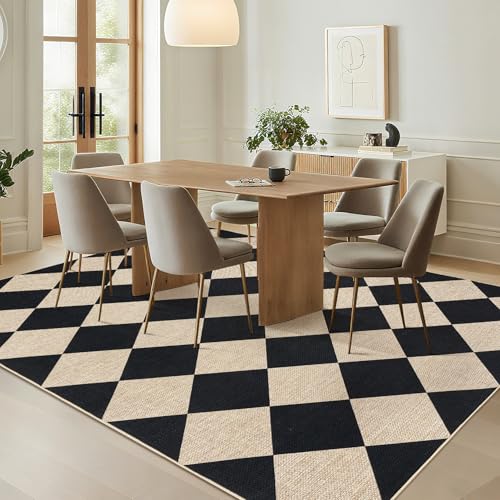 GarveeHome Checkered Easy Jute 5x7 Area Rugs for Living Room Machine Washable Non-Slip Backing Stain Resistant Modern Indoor Outdoor Rugs for Farmhouse Dining Room Patio Black