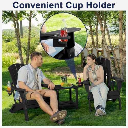 Plawdlik Folding Adirondack Chair Set of 6, Cup Holder，Wooden Textured ，Heavy All-Weather HDPE Comfortable Set Poolside Backyard Lawn, Black