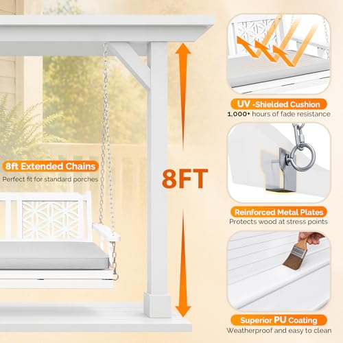 VINGLI 4.5 FT Outdoor Porch Swing with Cushions, Heavy Duty 880 LBS 2-Person Wooden Patio Swings with Eternal Flower Pattern and Fade-Resistant Seat Cushion for Yard, Garden, Tree (White)