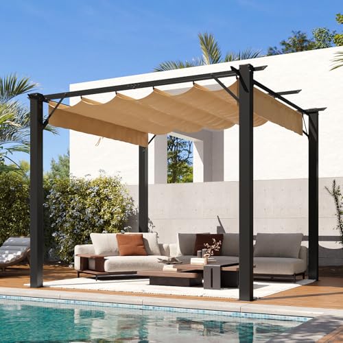 Aoxun 10'x10' Outdoor Pergola, Patio Pergola with Upgraded Retractable Canopy, Heavy Duty Metal Pergolas and Gazebos with Adjustable Sun Shade Cover for Modern Backyard, Deck, Garden