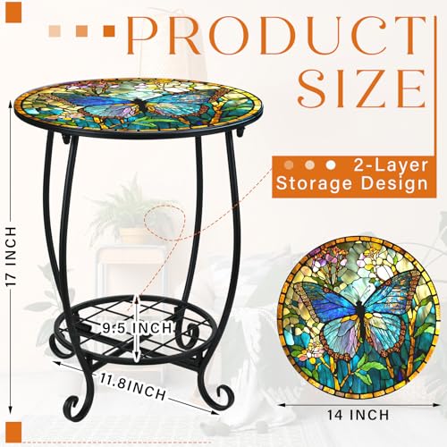 Cinnvoice Outdoor Side Table Round Small Mosaic Patio Accent Indoor End Plant Coffee Tea Table for Yard Patio Porch Garden Living Room, Bedroom(Butterfly Style,14 Inch)