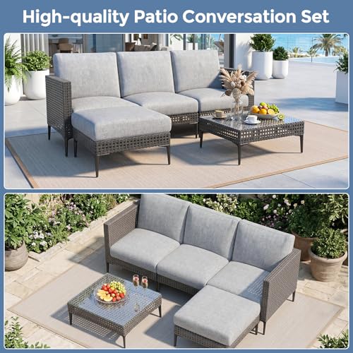 Jocoevol 5 Pieces Outdoor Patio Conversation Set – Rattan L-Shaped Corner Sofa Comfortable Thickening Cushions for Garden, Balcony,Weatherproof Waterproof UV Resistance