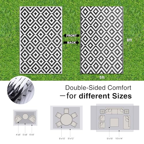 OLANLY Waterproof Outdoor Rug 5x8 ft, Outdoor Plastic Straw Rug for Camping, RV Mat Outside, Indoor Outdoor Carpet for Porch, Deck, Backyard, Balcony, Picnic, Black & White