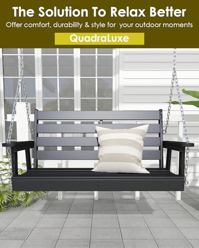 GREENVINES Porch Swing | 51’’ | HDPE Plastic | for Outdoor Patio | All Weather | Waterproof Bench Swings | w/ 4 Stainless Steel Chains | Black