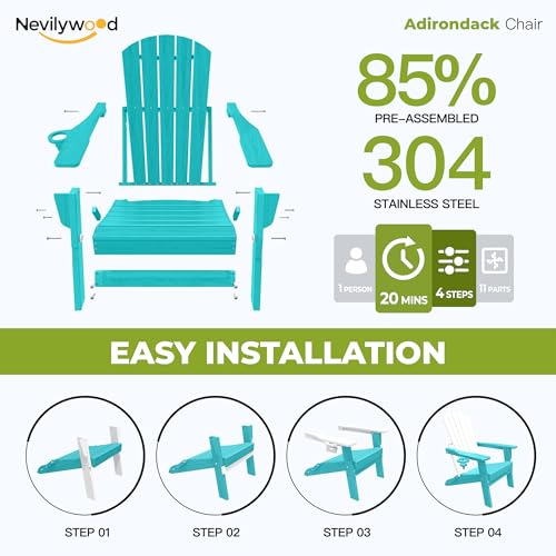 nevilywood HDPE Foldable Adirondack Chairs Set of 2, Waterproof All-Weather Outdoor Design, for Fire Pit, Patio & Beach, Aruba