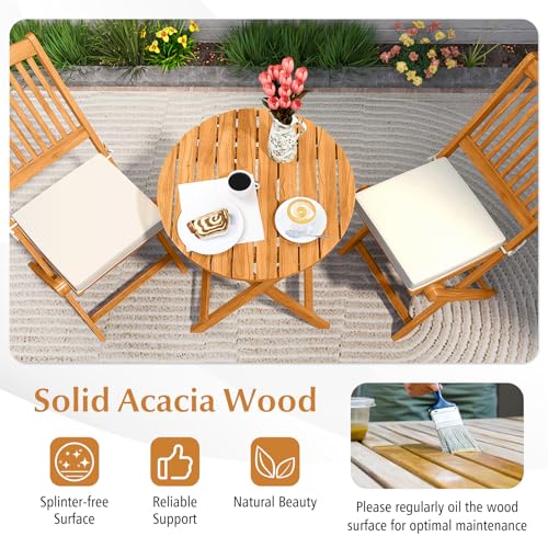 Tangkula 3 Pieces Acacia Wood Patio Folding Bistro Set, Outdoor Table and Chairs Set with Soft Cushions, Patio Furniture Set for Porch, Balcony, Garden, Deck and Backyard