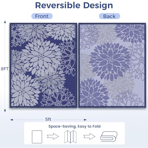 Mattitude Outdoor Rug 8' x 10' Waterproof, Reversible Portable Plastic Straw Area Rugs, Patio Carpet for RV Camping, Porch, Deck, Backyard, Camper, Pool, Picnic, Blue & White