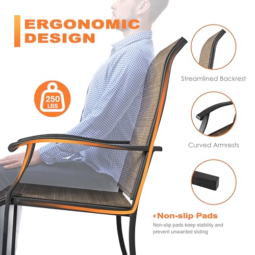 NUU GARDEN 4 Piece Outdoor Patio Dining Chairs, Textilene Dining Chairs with High Back, Patio Furniture Chairs with Armrest, Iron Frame for Lawn Garden Backyard Deck, Black and Brown