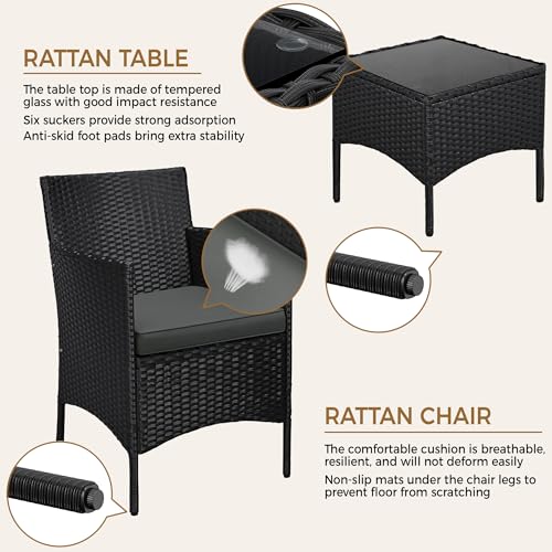 Yaheetech 3 Pieces Patio Porch Furniture Set, Outdoor PE Rattan Wicker Conversation Set with Soft Cushions, Glass Coffee Table & 2 Chairs for Garden/Deck/Courtyard/Poolside, Black/Gray