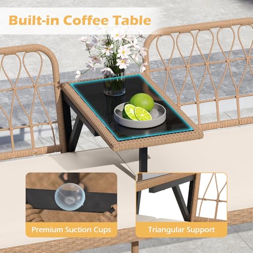 Tangkula Outdoor Loveseat with Built-in Coffee Table, Patio Wicker Conversation Sofa for 2 with Padded Cushion, for Lawn, Garden and Backyard (Off White)