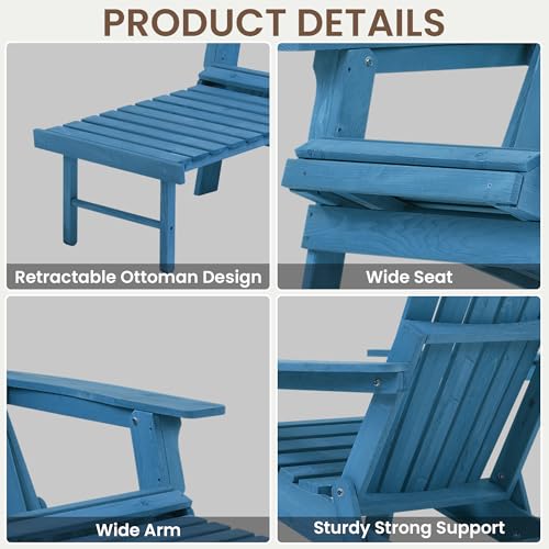LDB_BUILDING Oversized Folding Adirondack Chair with Retractable Ottoman - Solid Wood Outdoor Lounge Chair for Patio Garden Backyard Porch, Weather-Resistant & Pre-Assembled, Blue