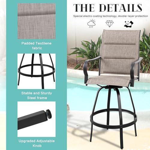 Vongrasig 2 Piece Outdoor Patio Swivel Bar Chairs, All Weather Padded Sling Textile High Top Bar Stools, Bistro Set for Backyard, Lawn Garden, Balcony, Gray