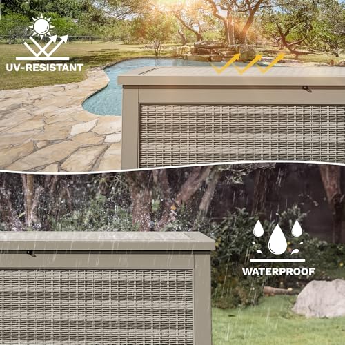 DWVO 320 Gallon Resin Outdoor Storage Box, XXL Large Waterproof Deck Box, Doubles as Table or Seating with 1000 lbs Capacity, Lockable (Brown)