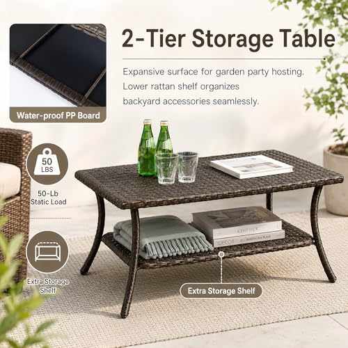HUMMUH 42-inch 2-Tier Outdoor Patio Coffee Table, Brown PE Rattan Center Table with Powder-Coated Metal Frame for Garden, Backyard, Porch Storage