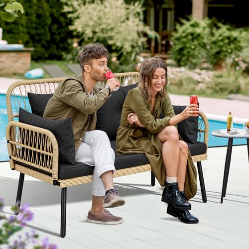 YITAHOME Patio Furniture Wicker Outdoor Loveseat, All-Weather Rattan Conversation for Backyard, Balcony and Deck with Soft Cushions (Light Brown+Black)