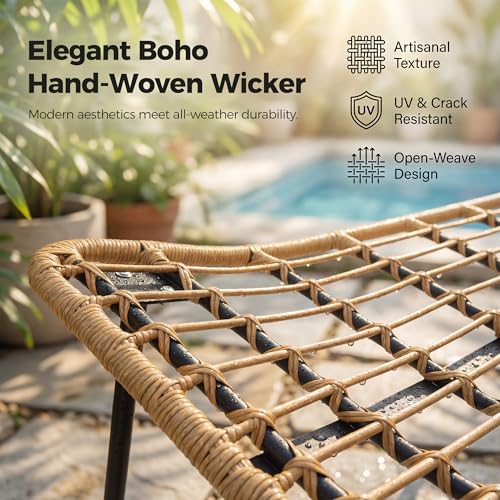 RADIATA Outdoor Patio Loveseat, Boho Lounge Couch with Comfy Thick Cushion, Durable Wicker Papasan Loveseat Furniture, 2 Person Small Balcony Couch for Apartment Porch Backyard Poolside, Beige