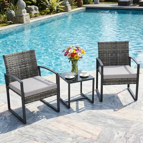 Bezseller 3 Pieces Patio Furniture Set, Outdoor Rattan Bistro Set with Coffee Table, Durable Steel Frame with Strapped Cushions for Garden, Balcony, Poolside, Backyard