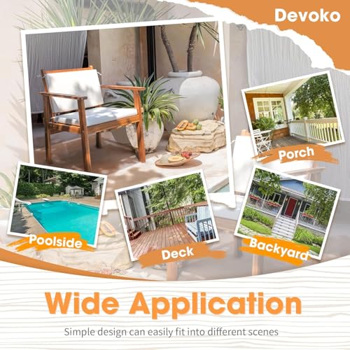 Devoko Patio Set 3 Piece Acacia Wood Outdoor Furniture Conversation Seat with Table & Cushions Porch Chairs for Balcony, Deck, Backyard, Beige