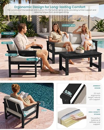 SERWALL 2 Pieces Single Cushioned Sofa Armchair, Black HDPE Adirondack Outdoor Sofa Lounge with Khaki Cushion