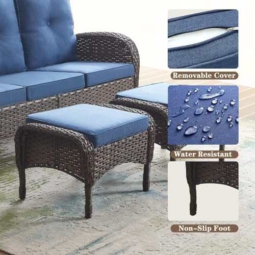 Belord Outdoor Ottomans for Patio Foot Rest - 25 Inch PE Wicker Foot Stool Set of 2 with Removable Cushions for Patio Furniture Sets,All Weather Rattan Ottoman for Balcony Deck Backyard Brown