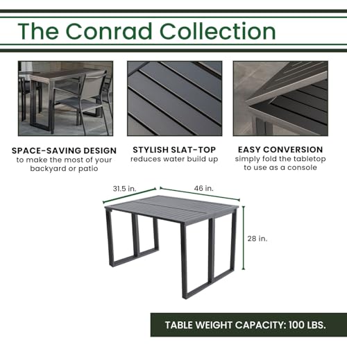 Hanover Conrad 31.5" x 46" Folding Outdoor Dining Table, Console Patio Table with Weather-Resistant Aluminum Frames, Modern Space-Saving Patio Furniture Table for Backyard, Deck, and Patio, Grey