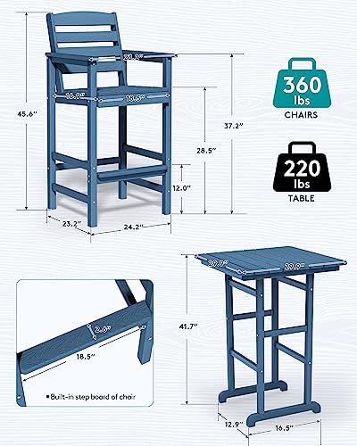 SERWALL Balcony Adirondack Chairs and Table 3 Pieces Set, Adirondack Bar Height Chairs Set of 2 and Bar Table, Outdoor Bar Stools Set for Bistro, Poolside, Backyard, Blue