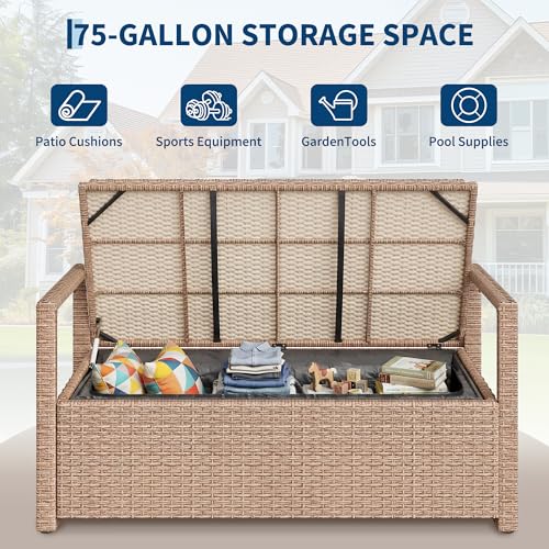 75 Gallon Outdoor Storage Bench, All-Weather PE Rattan Deck Box with Seat, Wicker Patio Furniture for Cushions, Garden Tools, Pool Accessories, Water-Resistant (Yellow Wicker & Beige Cushions)