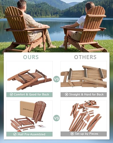 Wooden Folding Adirondack Chair Set of 2, Half Pre-Assembled Wood Lounge Chair for Outdoor Patio Garden Lawn Backyard Deck Pool Beach Firepit