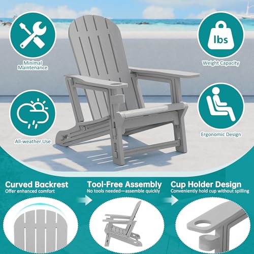 Shintenchi Adirondack Chairs Set of 2,HDPE Adirondack Chairs w/Removable Tablelop & Umbrella Hole,All-Weather Wooden Textured Plastic Outdoor Chairs w/Cup Holders for Garden Backyard Pool,Light Gray