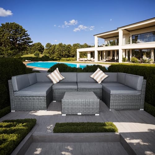 Welpatio Outdoor Patio Furniture Sets, 7 Pieces PE Rattan Wicker Outdoor Sectional Sofa Patio Conversation Set with Cushions and Coffee Table, Light Gray/Gray