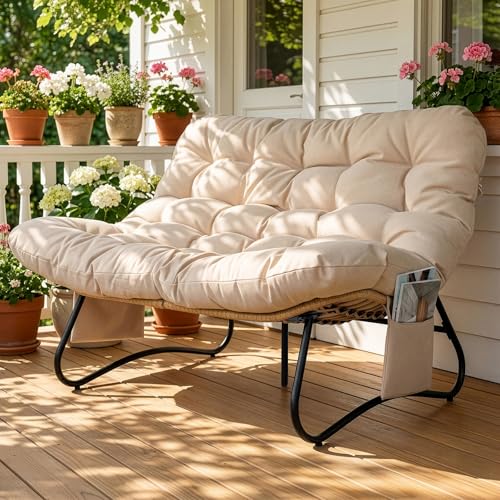 Outvita Outdoor Patio Loveseat, All Weather Double Papasan Chair with Side Storage Pocket, 6’’ Thick Cushion, 4 Adjustable Support Feet, 2 Seat PE Rattan Couch for Backyard Patio Garden Balcony(Beige)