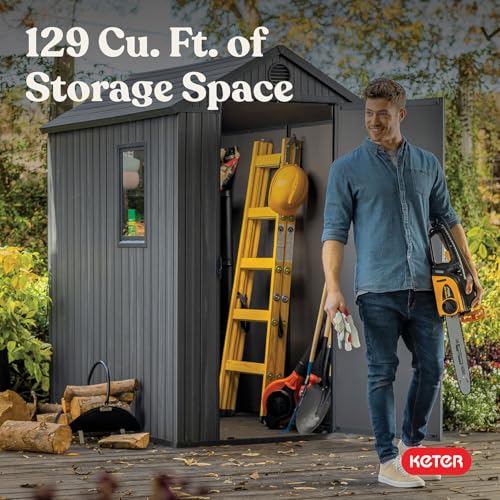 Keter Darwin 4x6 Feet Outdoor Storage Shed, Graphite Gray – Lockable Resin Organizer Unit with Single Door, Window, and Skylight for Backyard, Garden, or Lawn Organization