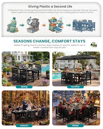 SERWALL Patio Dining Sets for 6 Person, HDPE Dining Set with 6 Armless Chairs, Black