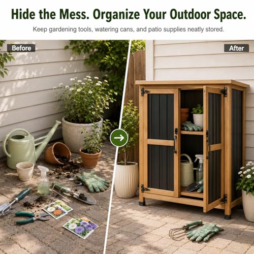 Ketive Outdoor Storage Cabinet, Wood & Metal Small Garden Tool Storage Cabinet with Weather-Resistant Asphalt Roof, Double Lockable Doors & Removable Shelves for Porch, Patio, Garden, Backyard