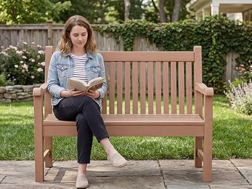 Psilvam 2-Person Outdoor Bench with 700 Lbs Weight Capacity, Poly Lumber Weatherproof Garden Bench Seating for Porch, Balcony and Park, All-Weather Patio Bench Furniture (Teak)