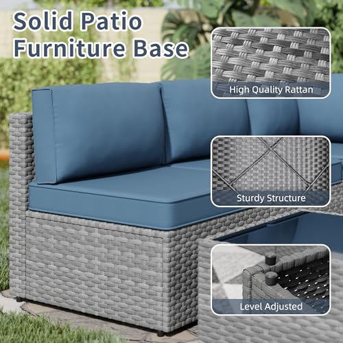 SUNLEI Outdoor Patio Furniture Set 5 Pcs, Rattan Balcony Furniture with Backrest Glass Table & Washable Cushions Small Conversation Patio Set with Sectional Design (Silver/Navy Blue)