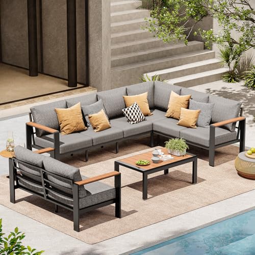 ComfCove Aluminum Outdoor Patio Furniture Set 8 Seats, Outdoor Sectional Corner Sofa, Patio Conversation Sets with Coffee Table & Washable Thick Cushions, Outdoor Furniture for Backyard, Porch, Gray